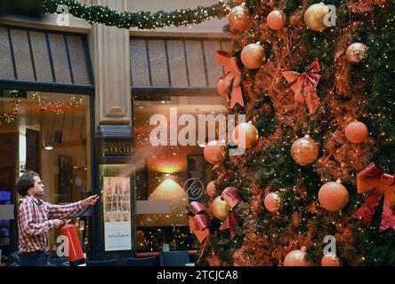 Leipzig, Allemagne. 13 décembre 2023. Un membre du groupe de protestation "dernière génération" pulvérise un sapin de Noël dans le passage Mädler de Leipzig. L'action a eu lieu simultanément dans plusieurs villes. Crédit : Patricia Bartos/dpa/Alamy Live News Banque D'Images