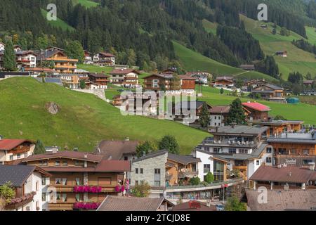 Vue sur Vorderlanersbach, vallée de Tux, Tux, Zillertal Alpes, monde de montagne alpin, pente de montagne, agriculture, élevage alpin, cabanes, forêt de conifères Banque D'Images