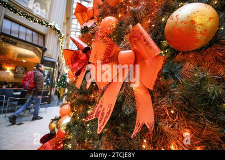 Leipzig, Allemagne. 13 décembre 2023. Des décorations de sapin de Noël pulvérisées avec de la peinture sont accrochées à un sapin de Noël dans le passage Mädler de Leipzig après une action de protestation de la 'dernière génération'. L'action a eu lieu simultanément dans plusieurs villes. Crédit : Jan Woitas/dpa/Alamy Live News Banque D'Images