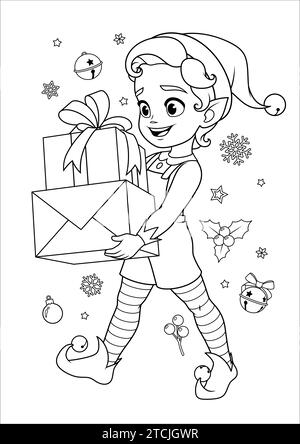 Mignon petit elfe portant des cadeaux de Noël. Santas petite page de livre de coloriage d'aide pour l'illustration vectorielle d'enfants. Illustration de Vecteur