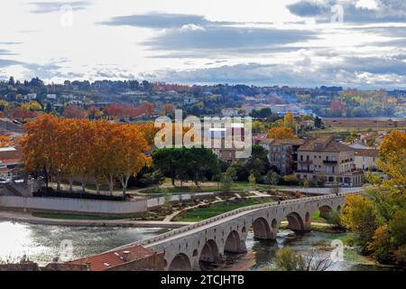 Vue sur les quartiers inférieurs de la ville bordant la rivière Orb en automne. Béziers, Occitanie, France Banque D'Images