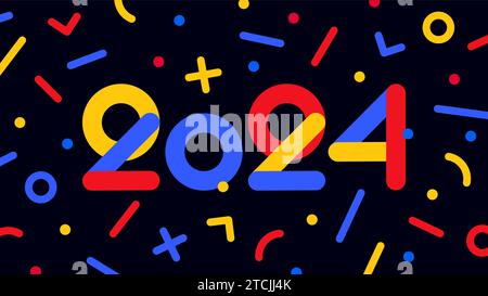 2024, bonne année. Carte de voeux pour bonne année, bannière, affiche et autocollant, style géométrique de vacances avec texte 2024, bonne année. Carte de Noël confettis de vacances, 2024. Illustration vectorielle Illustration de Vecteur