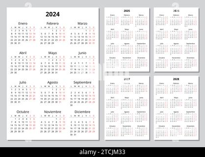 calendriers espagnols verticaux 2024, 2025, 2026, 2027, 2028. Ensemble d'illustrations vectorielles imprimables pour l'Espagne. Planifiez votre année avec le style calendrier Illustration de Vecteur
