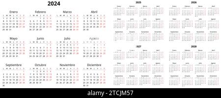 calendriers espagnols verticaux 2024, 2025, 2026, 2027, 2028. Ensemble d'illustrations vectorielles imprimables pour l'Espagne. Planifiez votre année avec le style calendrier Illustration de Vecteur