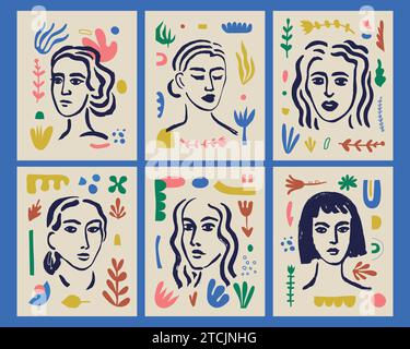 Ensemble vectoriel de visages de femmes abstraites, illustrations de style matisse, posters de portrait de collage, impressions. Dessin au pinceau avec des éléments organiques découpés Illustration de Vecteur