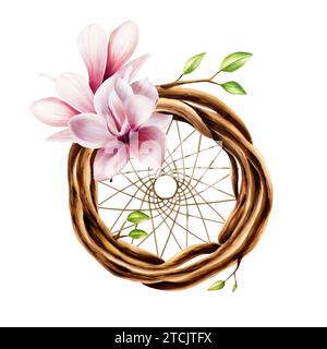 Illustration de marqueur de couronne ethnique en osier en bois dreamcatcher de brindilles avec des feuilles de printemps et des fleurs de magnolia rose dans le style aquarelle. Douleur à la main Banque D'Images