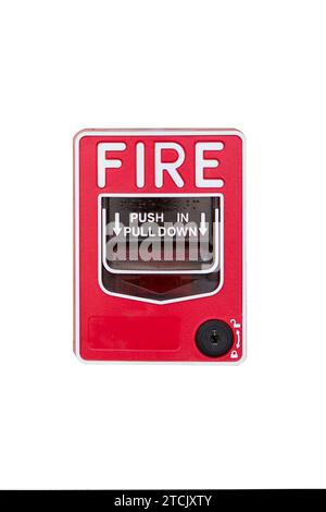 Interrupteur d'alarme incendie rouge isolé sur fond blanc Banque D'Images