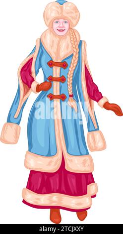 Snow Maiden avec longue tresse dans un ancien manteau de fourrure à manches longues. Illustration vectorielle de la petite-fille de Ded Moroz dans un ancien manteau de fourrure Illustration de Vecteur