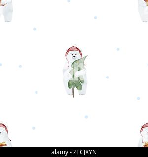 Motif sans couture aquarelle d'un ours blanc mignon dans un chapeau rouge avec un arbre de Noël. Joli motif pour l'impression sur les textiles pour enfants et l'emballage Banque D'Images