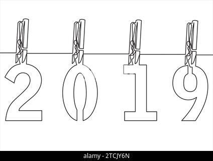 Clip cheville en bois avec des numéros 2019.Happy New Year ou Christmas Background conception de carte de voeux créative.dessin au trait continu Illustration de Vecteur