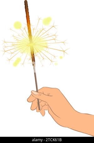 Anniversaire ou Noël brûlant Sparkler sur fond transparent. Someomes main tenant la lumière Bengale Illustration de Vecteur