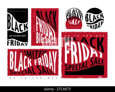 Ensemble de banderoles ou d'affiches du solde du Vendredi fou. Conception de bannières publicitaires et promotionnelles pour la campagne Black Friday Illustration de Vecteur