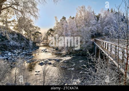 Glen Affric Cannich Écosse une vue sur la rivière et le pont un matin tôt d'hiver et un gel très blanc sur les bouleaux Banque D'Images