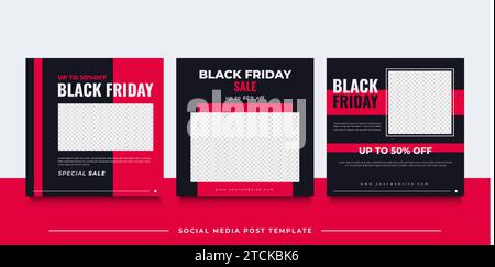 Modèle de publication sur les médias sociaux pour la promotion des soldes Black Friday dans le style noir et rouge Illustration de Vecteur