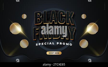 Bannière de vente promotionnelle Black Friday avec objet abstrait en concept noir et or Illustration de Vecteur