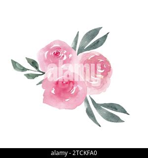 Roses pivoines roses poussiéreuses avec arrangement de bouquet de feuilles vertes isolé sur fond blanc. Élégant clipart à motif floral aquarelle peint à la main Banque D'Images