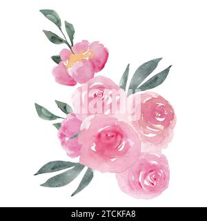 Roses pivoines roses poussiéreuses avec arrangement de bouquet de feuilles vertes isolé sur fond blanc. Élégant clipart de design floral aquarelle peint à la main pour g Banque D'Images