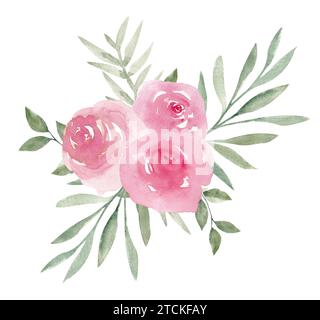 Roses pivoines roses poussiéreuses avec arrangement de bouquet de feuilles vertes isolé sur fond blanc. Élégant clipart de design floral aquarelle peint à la main pour g Banque D'Images