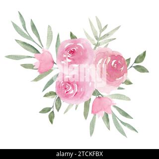 Roses pivoines roses poussiéreuses avec arrangement de bouquet de feuilles vertes isolé sur fond blanc. Élégant clipart de design floral aquarelle peint à la main pour g Banque D'Images