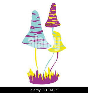 Champignons magiques. Hallucinations psychédéliques. Illustration vectorielle vibrante isolée sur blanc. art coloré hippie des années 60 dans des couleurs acides vives. Plante fantaisie Illustration de Vecteur