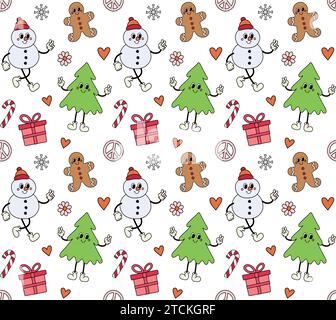 Vector Seamless motif de Noël de dessin animé rétro groovy isolé sur fond blanc Illustration de Vecteur