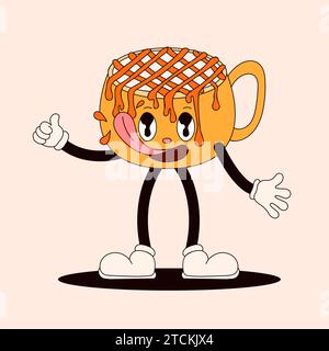 Boisson groovy léchant caractère caramel. Tasse de café avec du caramel coulant. Illustration vectorielle isolée sur un fond de pêche. Illustration de Vecteur