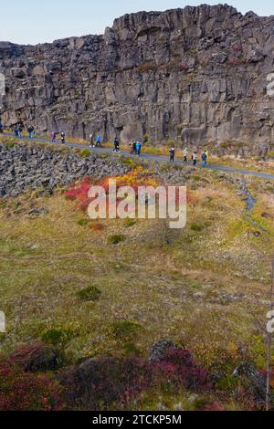Islande, cercle d'Or, Parc National de Thingvellir aux couleurs de l'automne. Le rift médio-atlantique entre les plaques tectoniques nord-américaine et eurasienne. Almannagja gorge marquant le bord de la plaque tectonique nord-américaine, avec des touristes touristiques. Banque D'Images
