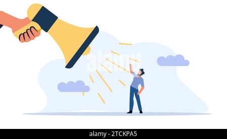 Conversations marketing de personnes sur les nouvelles.Témoignage de confiance dans le mot du client et commentaires dans l'entreprise.Un homme se tient et écoute un Illustration de Vecteur