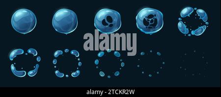 Animation de bulles de savon. Bulle de dessin animé soufflant et éclatant, effet de mousse et de sphère d'eau, sprite actif de jeu 2D. Séquence de bulles d'eau vectorielles Illustration de Vecteur