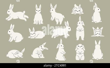 Collection mignonne de lapin. Doodle lièvre icônes avec différentes expressions, courir des animaux sauvages dans l'environnement. Collection de doodle colorée vectorielle Illustration de Vecteur
