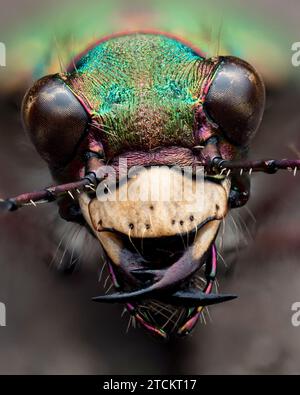 Gros plan de la cicindela campestris (Green Tiger Beetle). Tipperary, Irlande Banque D'Images