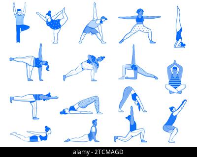 People faisant Common Yoga poses Line Art Set Illustration de Vecteur