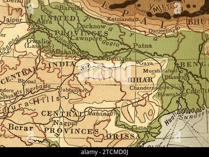 Carte géographique vintage en sépia montrant l'Inde centrale. Banque D'Images