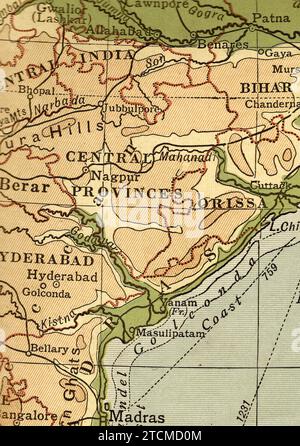 Carte géographique vintage en sépia montrant les provinces centrales, Inde. Banque D'Images