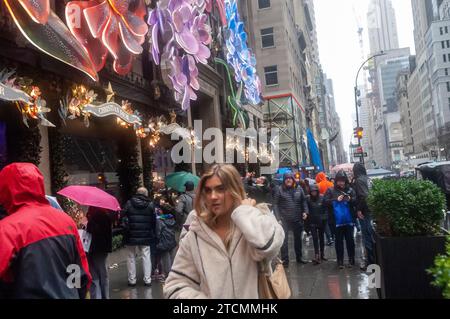 Des milliers de touristes et de New-Yorkais regardent l'exposition de Noël de la cinquième avenue de Saks pendant les fêtes Open Streets le dimanche 3 décembre 2023. New York City a fermé un tronçon de neuf pâtés de maisons de la Cinquième Avenue à Midtown aux véhicules pendant quatre dimanches en décembre créant une fête de bloc de vacances pour les visiteurs. (© Richard B. Levine) Banque D'Images