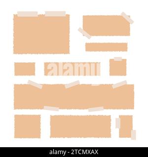 Papier déchiré Set de notes adhésives simple dessin à la main illustration vectorielle de style plat, morceaux de papier déchiré post-it avec ruban adhésif washi, pages de carnet de différentes tailles style vintage Illustration de Vecteur