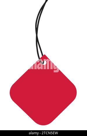 Étiquette de vente en carton rouge vierge et ficelle noire, fond d'étiquette de prix carré vide, badge suspendu détaillé isolé vertical Copy Space Macro gros plan Banque D'Images