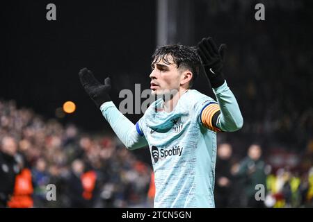 Anvers, Belgique. 13 décembre 2023. Pedri de Barcelone réagit lors d'un match entre l'équipe belge de football Royal Antwerp FC et le club espagnol FC Barcelone, à Anvers, le mercredi 13 décembre 2023, sixième jour de la phase de groupes de la Ligue des Champions, dans le groupe H. Belga PHOTO TOM GOYVAERTS crédit : Belga News Agency/Alamy Live News Banque D'Images