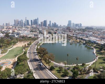 Images de drones du centre-ville de Los angeles et du parc macarthur Banque D'Images