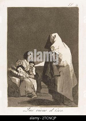 «Que viene el Coco» [Voici le Bogey-man] planche 3 de Los Caprichos [les Caprices] une série de 80 illustrations sur les folies universelles et la folie dans la société espagnole créée par Francisco Goya (1746-1828) publiée en 1799. Banque D'Images