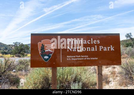 Le signe du parc national Pinnacles est vu en Californie, aux États-Unis Banque D'Images