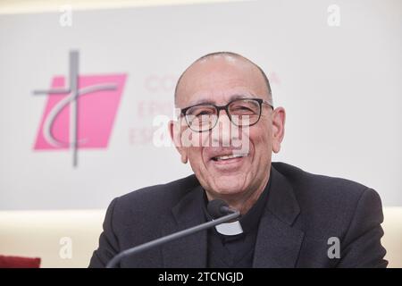 Madrid, 03/03/2020. Conférence de presse du président nouvellement élu de la Conférence épiscopale, Juan José Omella, accompagné du président sortant, Ricardo Blázquez et José Gabriel Vera. Photo : Guillermo Navarro. ARCHDC. Crédit : Album / Archivo ABC / Guillermo Navarro Banque D'Images