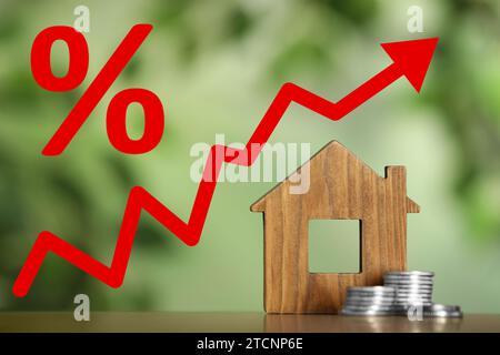 Hausse du taux hypothécaire illustrée par le signe de pourcentage et la flèche vers le haut. Modèle de maison en bois et pièces de monnaie sur la table Banque D'Images