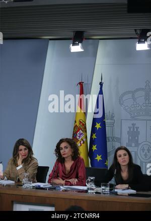 Madrid, 02/18/2020. Palais de Moncloa. Conférence de presse après la réunion du Conseil des ministres avec le porte-parole du ministre, María Jesús Montero, Yolanda Díaz et Irene Montero. Photo : Jaime García. ARCHDC. Crédit : Album / Archivo ABC / Jaime García Banque D'Images