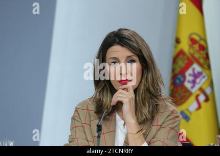 Madrid, 02/18/2020. Palais de Moncloa. Conférence de presse après la réunion du Conseil des ministres avec le porte-parole du ministre, María Jesús Montero, Yolanda Díaz et Irene Montero. Photo : Jaime García. ARCHDC. Crédit : Album / Archivo ABC / Jaime García Banque D'Images