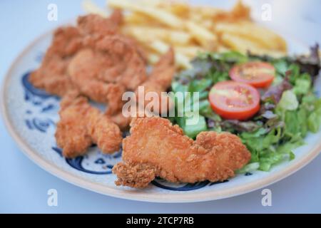 filets de poulet frits servis avec salade et frites Banque D'Images