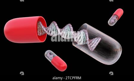 Un rendu 3D représente une hélice d'ADN encapsulée dans un boîtier de capsule de médicament. Banque D'Images