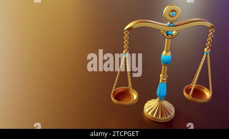 Echelle dorée avec des perles bleues, équilibrée sur un fond marron. Symbole de luxe, de richesse et d'égalité, rendu 3D. Banque D'Images