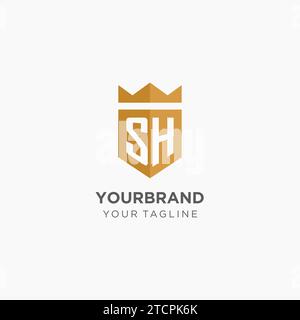 Logo Monogram SH avec bouclier géométrique et couronne, design graphique vectoriel de logo initial élégant de luxe Illustration de Vecteur