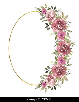 Cadre ovale floral avec de belles roses et de la verdure, cadre de texture dorée. Illustration à l'aquarelle dessinée à la main du modèle botanique pour l'accueil Banque D'Images